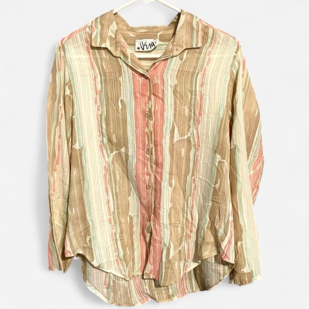 Vera Neumann Vintage Linen Pastel Pink & Blue Striped Blouse Ladybug USA ILGWU